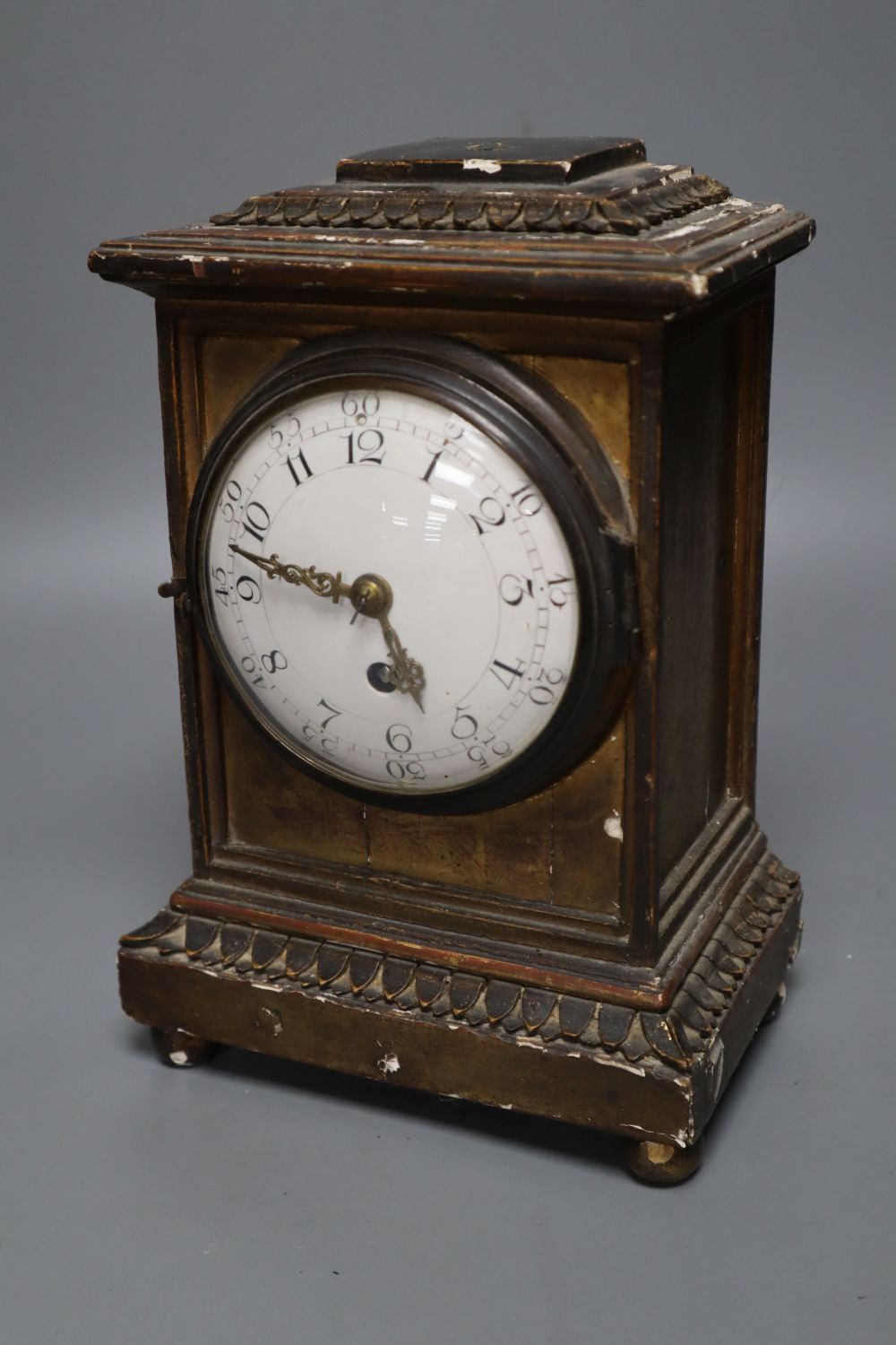 A 19th century French giltwood timepiece, with 3.75 inch convex enamelled dial, replacement timepiece movement, height 24cm